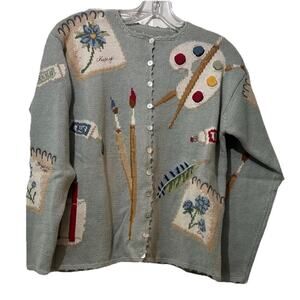 80s-90s Art To Wear Cardigan Knit Sweater Size Small? Flowers Paintbrush Teacher